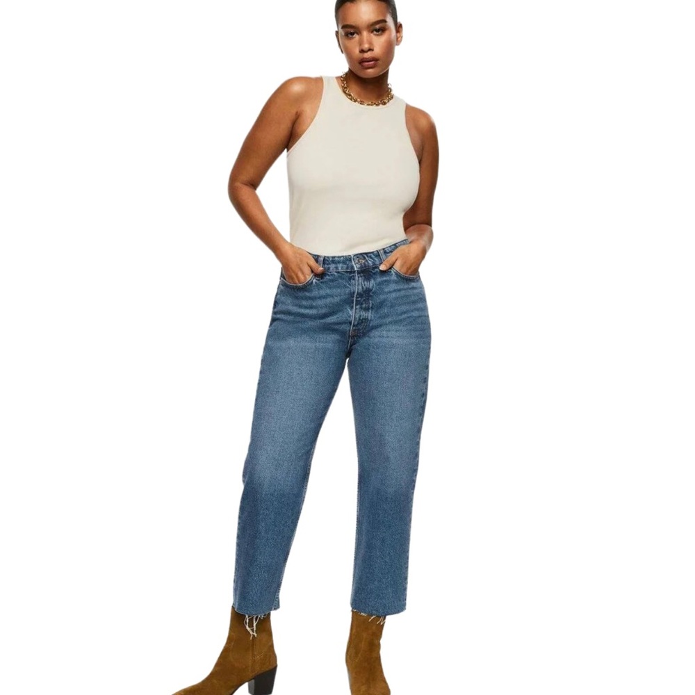 MANGO Havana Blue Wash Straight Leg Button Fly Raw Hem Cotton Denim Jeans 6